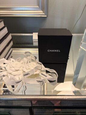 CHANEL Black Gift Box with White Ribbon and Camellia Accents medium size